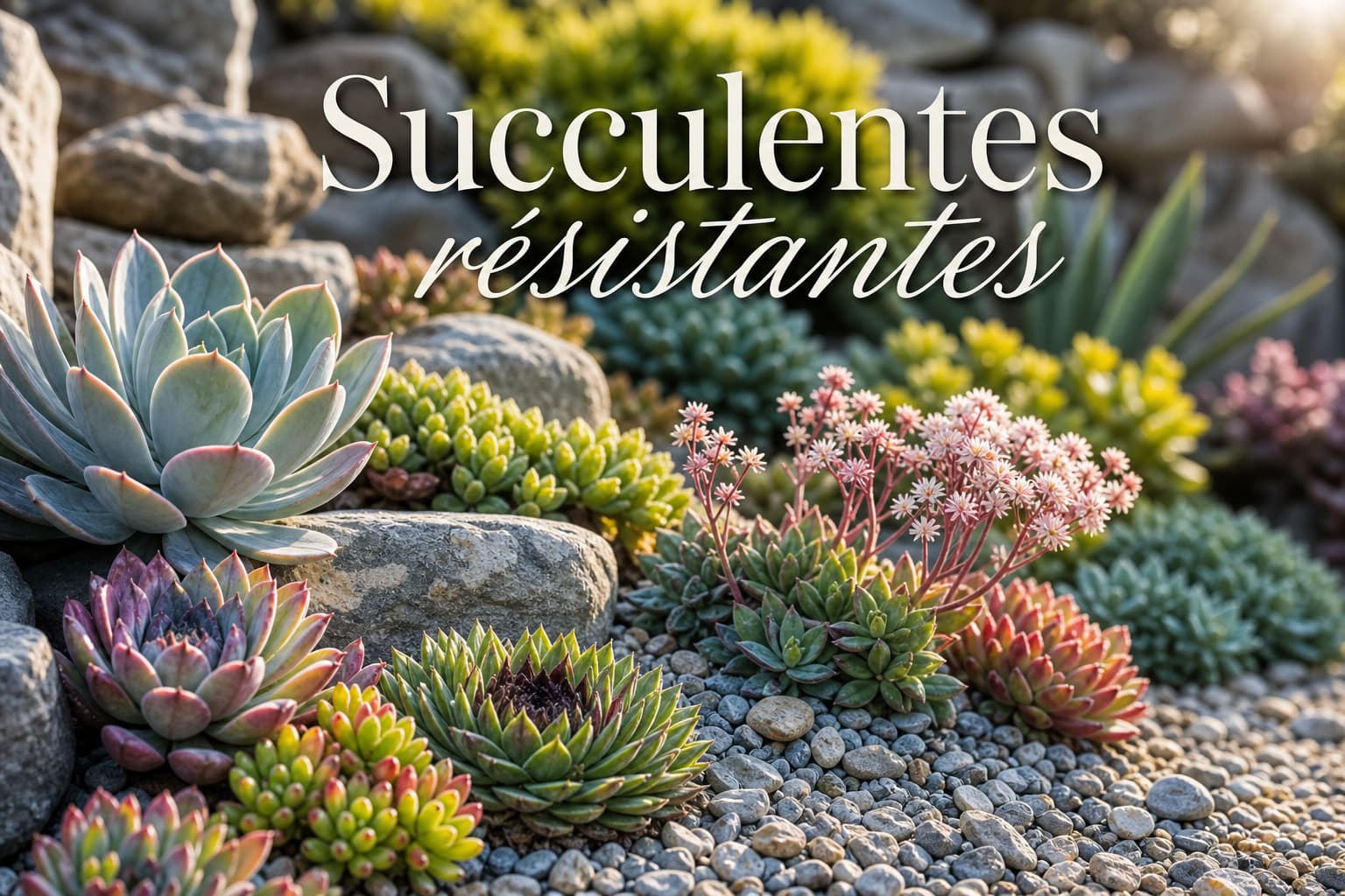 Collection vibrante de plantes succulentes en extérieur, avec des echeverias, sedums et sempervivums, disposées dans un jardin de rocaille ensoleillé, sur fond de pierre naturelle, sous une douce lumière du soir, avec le texte