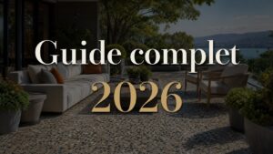 Terrasse extérieure ensoleillée avec sol en béton désactivé aux galets colorés, mobilier moderne, plantes vertes et texte 'Guide complet 2026' en surimpression avec ombre portée.