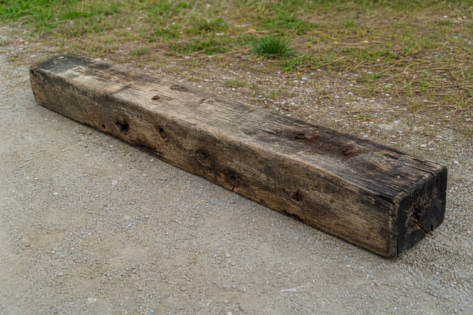 Travers de chemin de fer en bois vieilli, posé sur le sol, avec des marques de rouille et du bois délavé, sous une lumière naturelle.