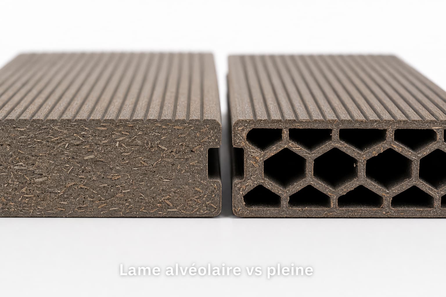 Deux coupes transversales de lames de terrasse en composite, l