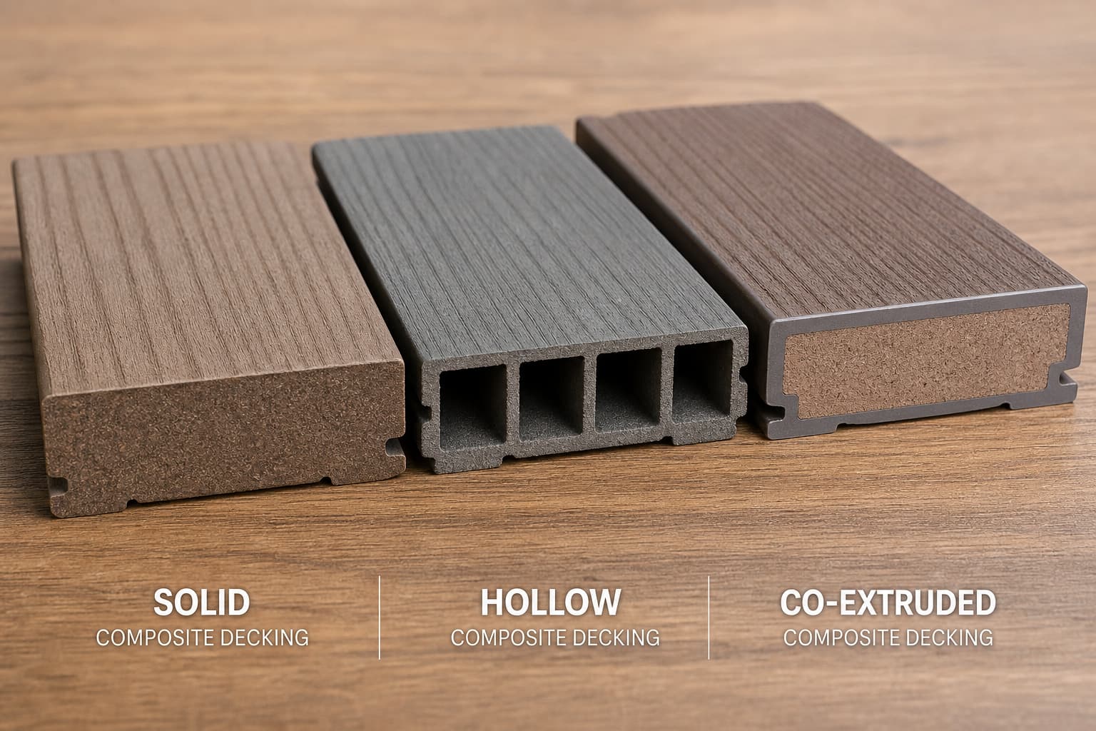 Trois sections transversales de lames de terrasse en composite posées côte à côte sur une table en bois : une lame pleine, une lame alvéolaire avec chambres internes visibles, et une lame coextrudée avec une couche de protection.