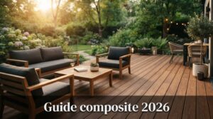 Terrasse composite luxueuse avec mobilier extérieur moderne, baignée de lumière chaude, sur fond de verdure floue, avec un bandeau de texte 'Guide composite 2026'.